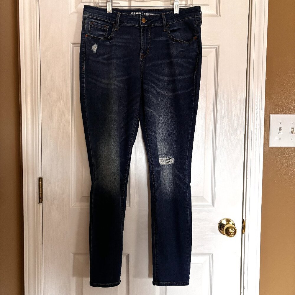Old Navy Rockstar Jeans Sz 12 Regular Mid Rise Distressed Dark Wash Denim